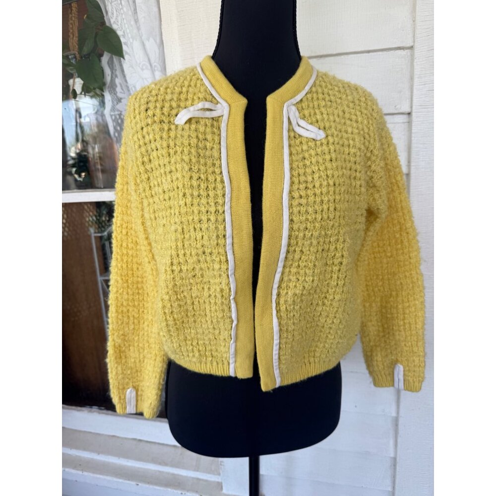 Vintage 50's Serbin Yellow Wool Womens Cardigan Sweater Yellow Siz M - Picture 14 of 14